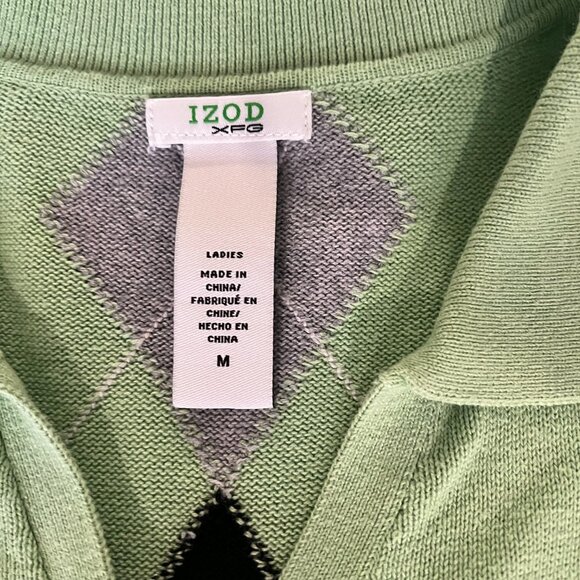 Izod Womens Green Black & White V-Neck Argyle Golf Sweater Sz M Preppy Cotton - Picture 4 of 6